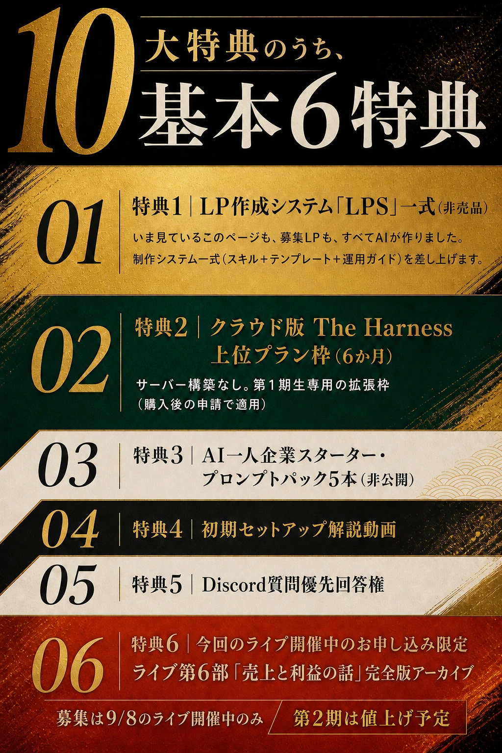 10大特典のうち基本6特典。募集は9月8日のライブ開催中のみ。